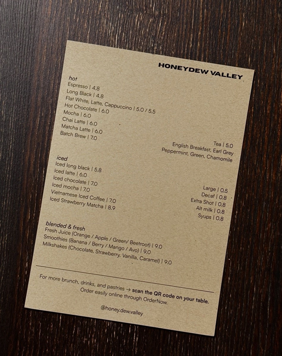Honey Dew Valley menu surface after redesign