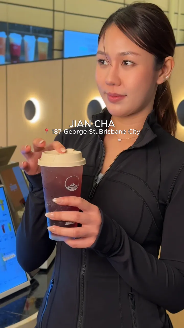 Sparkling White Peach reel end card: a woman holding a Jian Cha cup inside the shop, with the same JIAN CHA and address text