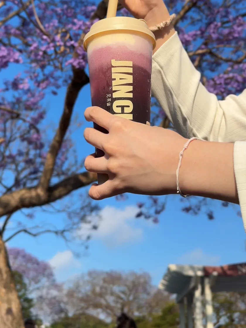A hand holding a Jian Cha cup up against jacaranda flowers and a blue sky in the afternoon sun