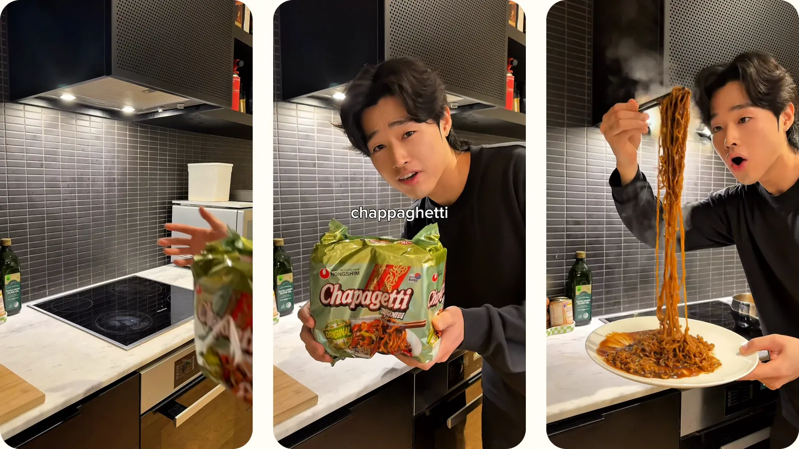Three frames from the first 3 seconds of MJ&rsquo;s Chapagetti video in a home kitchen: a noodle packet swinging into frame, MJ holding the Chapagetti packet up to the camera with the word chappaghetti on screen, and MJ lifting steaming noodles on chopsticks over a plate