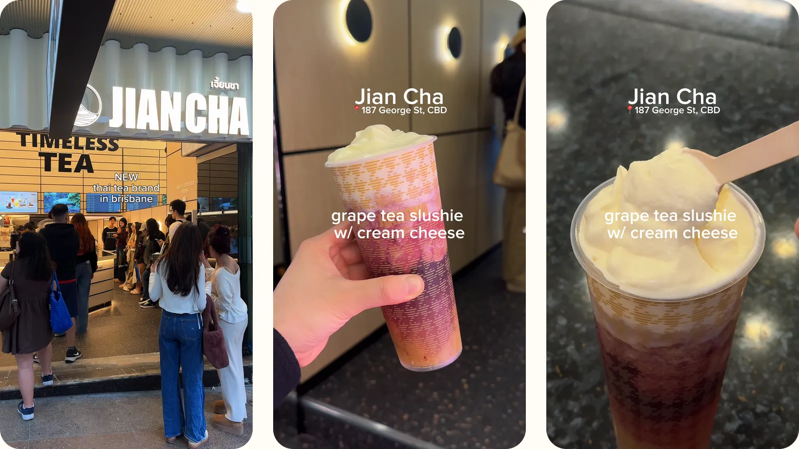 Three frames from the first 3 seconds of the Grape Tea Slushie review: people queued at the door of the Jian Cha shop on George St with the words new thai tea brand in brisbane on screen, the purple drink held up with Jian Cha, 187 George St, CBD and grape tea slushie w/ cream cheese on screen, and a wooden spoon in the cream cheese topping
