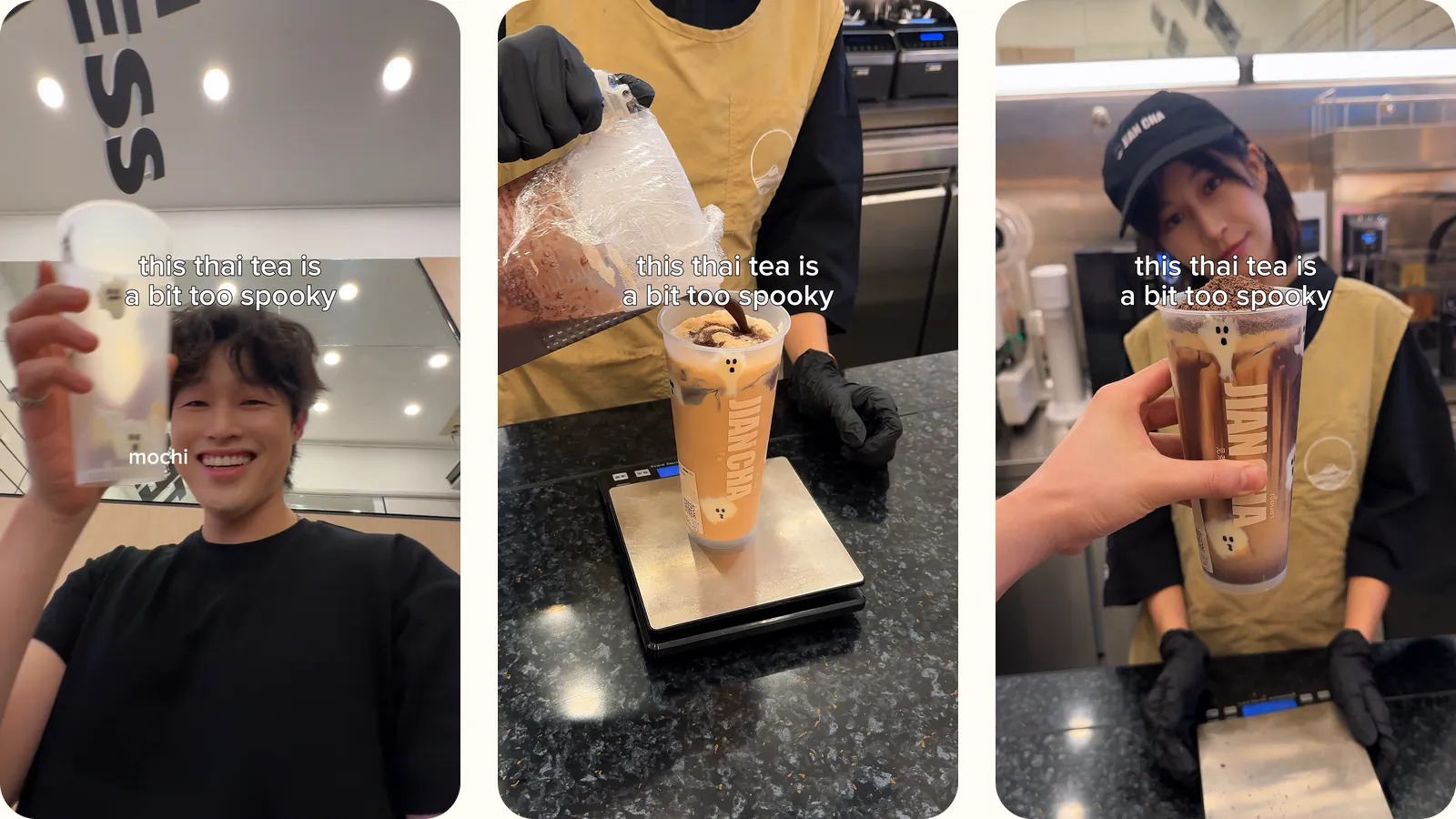 Three frames from the first 3 seconds of the Thai Milk Tea Cocoa reel, with the line this thai tea is a bit too spooky on screen: MJ smiling and holding up an empty cup with mochi ghosts inside, a gloved hand adding the topping to the drink on a scale, and a Jian Cha staff member handing the finished drink across the counter