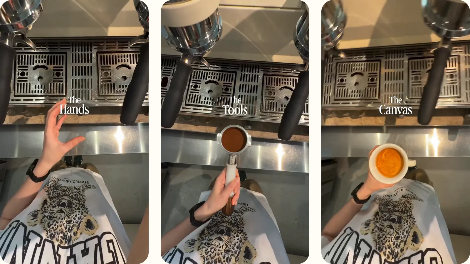 Three frames from the first 3 seconds of The Art, looking straight down at an espresso machine: a barista&rsquo;s hand over the drip tray labelled The Hands, a portafilter of tamped coffee labelled The Tools, and a cup of espresso labelled The Canvas