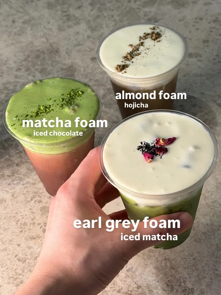 Three cold foam drinks from FAVE: matcha foam iced chocolate, almond foam hojicha and Earl Grey foam iced matcha