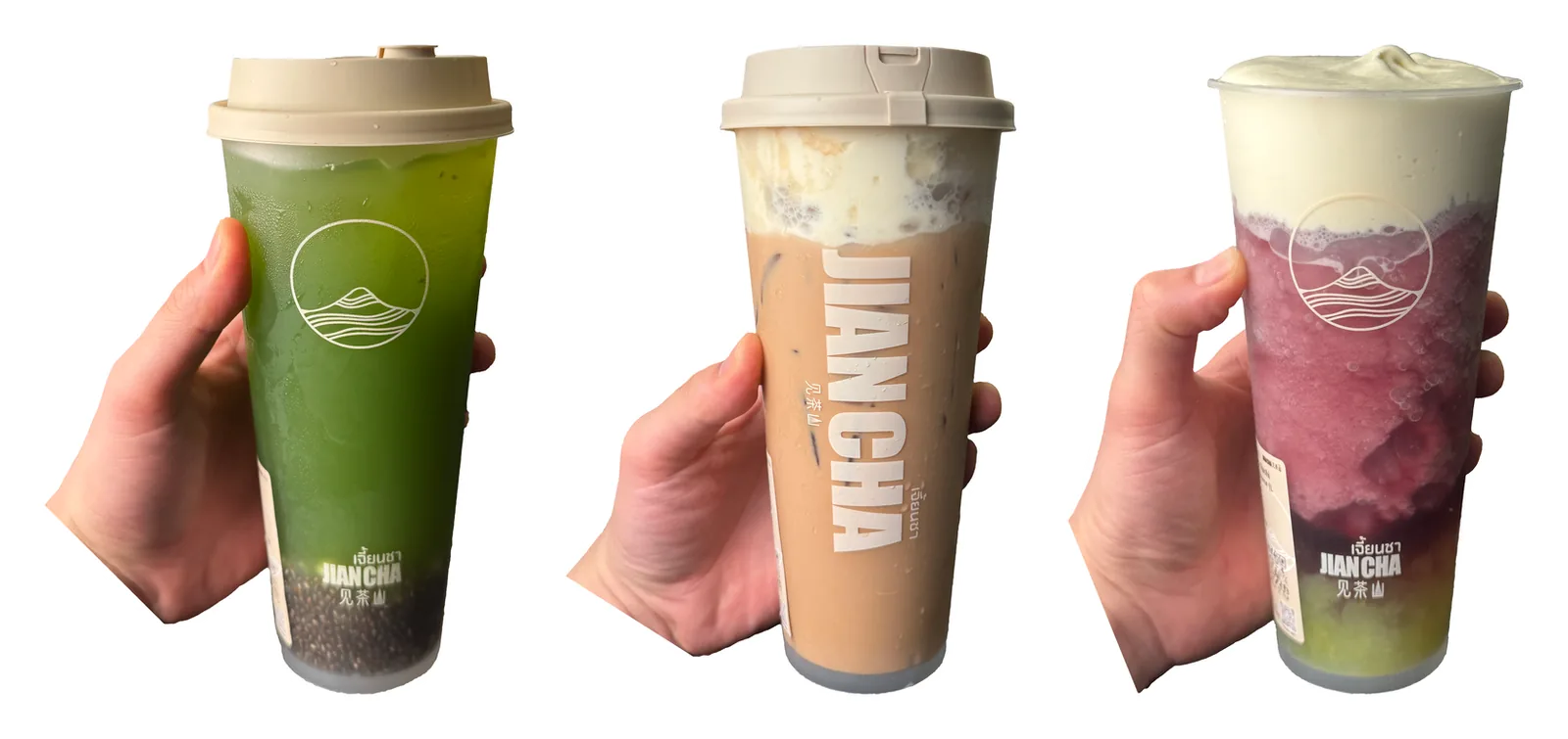 Three die-cut Jian Cha cups held in a hand: a Good Kale, a milk tea and a grape slushie, shown side by side